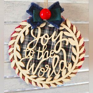 NWT Joy to the World Wood Ornament Plaid Fabric Ribbon Christmas Holiday Decor